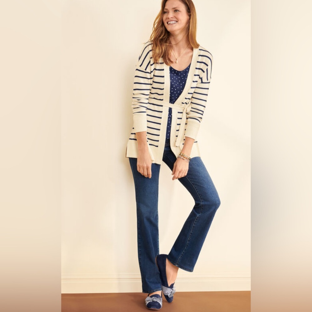 TALBOTS Stripe Belted Cardigan 100% Cotton
